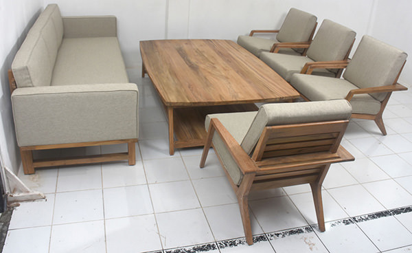 linen and wood couch set