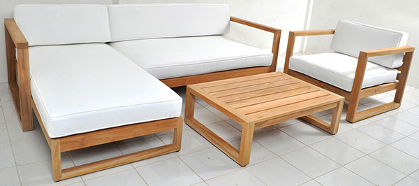 grade A solid teak garden couch set with white upholstery