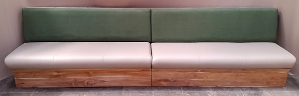 teak, leather and linen L-shaped banquette for restaurant in Florida