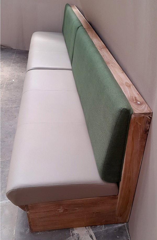 leather and teak curved restaurant banquette manufacturing with linen backseat