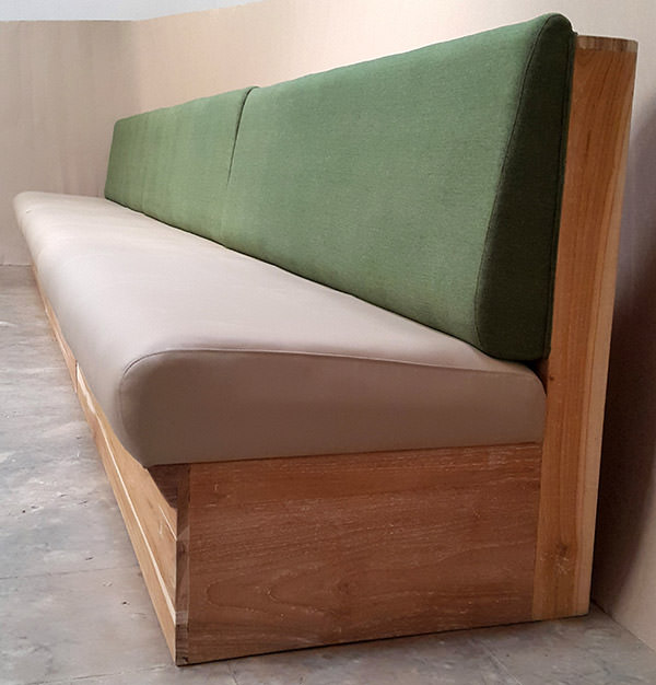 teak and linen banquette with leather seat
