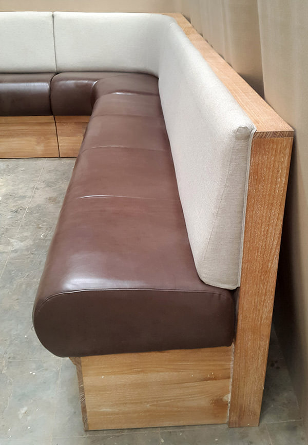 teak curved restaurant banquette manufacturing with genuine leather seat