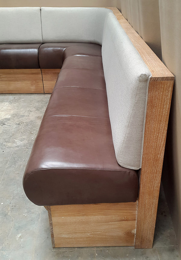 teak curved restaurant banquette manufacturing with genuine leather seat and linen backseat