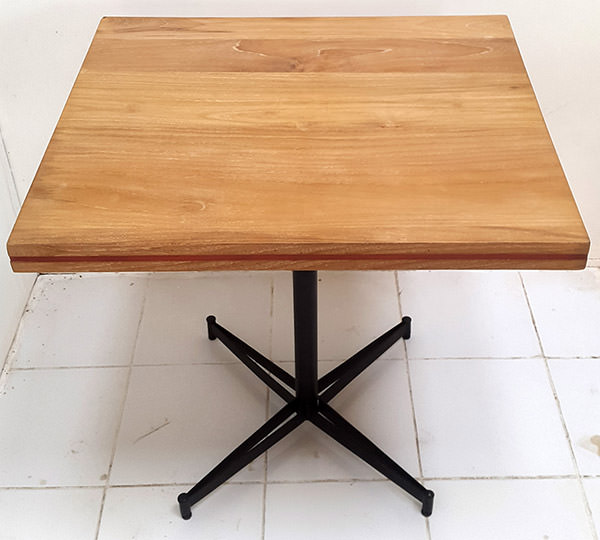 teak square garden table with iron legs and painted edge