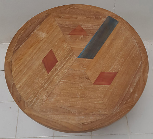 round teak outdoor table top with laminated pattern