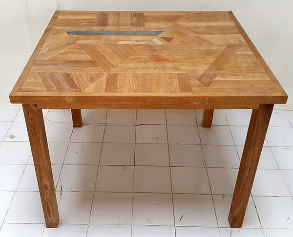 square teak outdoor high bar table with laminated wood pattern
