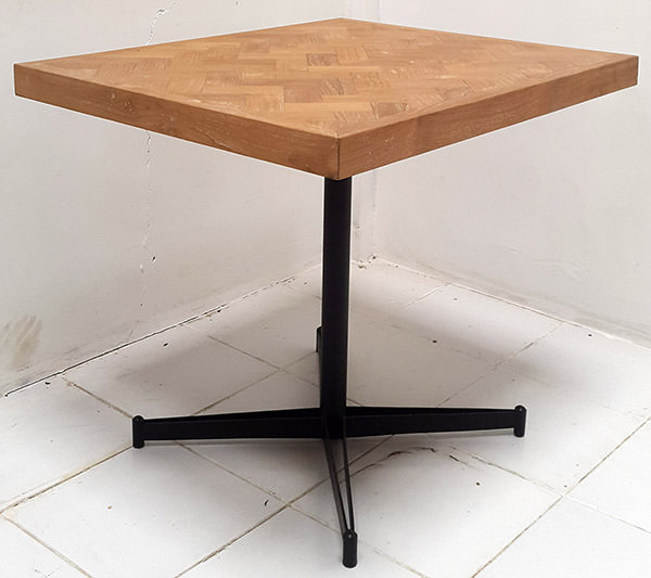 square garden table with teak lamination and powder coated black iron leg