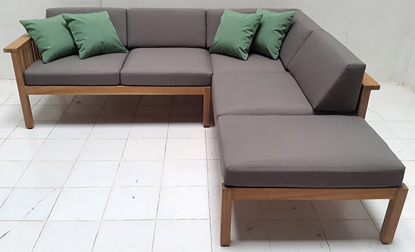 L-shaped outdoor sofa with grey linen