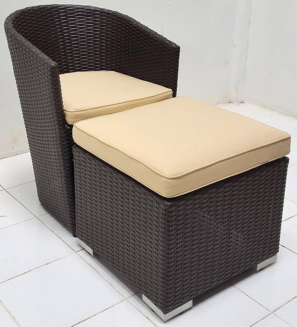 back wicker garden armchair and leg ottoman