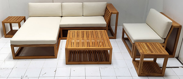 Teak L-shaped sofa and square coffee table