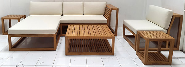 Teak L-shaped sofa with white weatherproof mattress and square coffee table