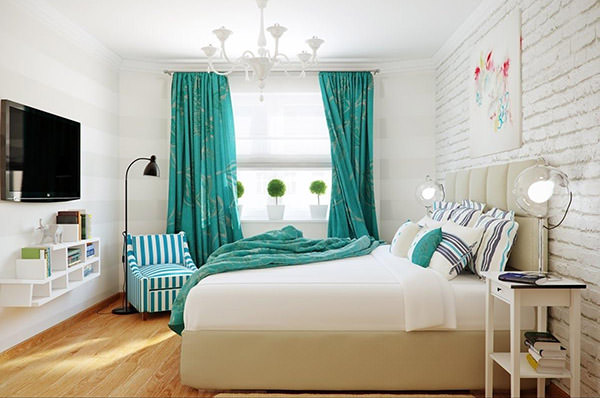 bedroom with green curtains