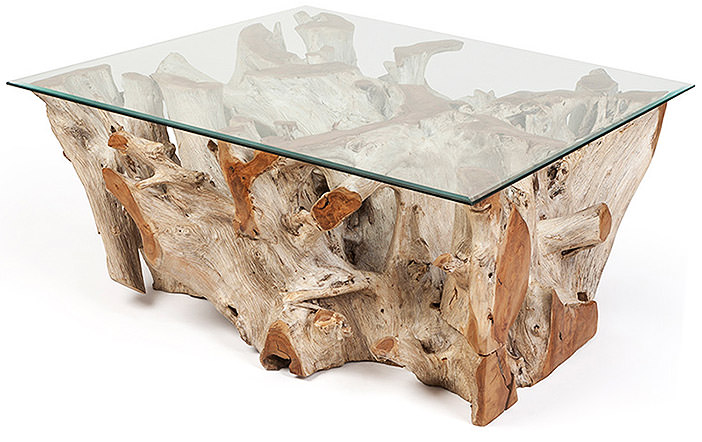 teak root table with glass top