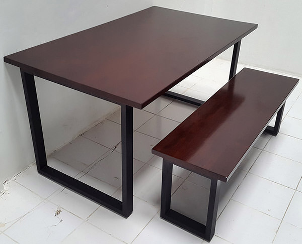 dark brown mahogany table and bench