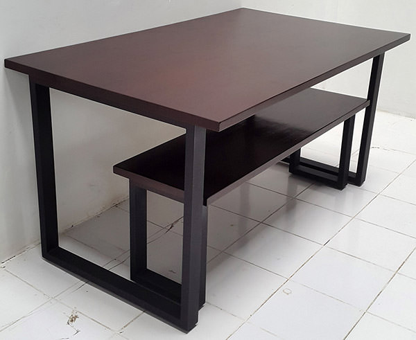 dark brown mahogany table and bench set