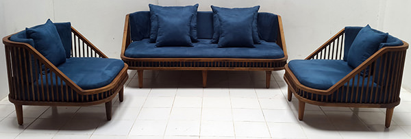 scandinavian teak sofa and two arm seats with blue velvet