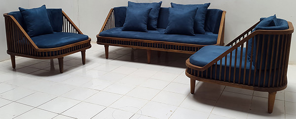 scandinavian teak sofa and two armchairs set with blue velvet